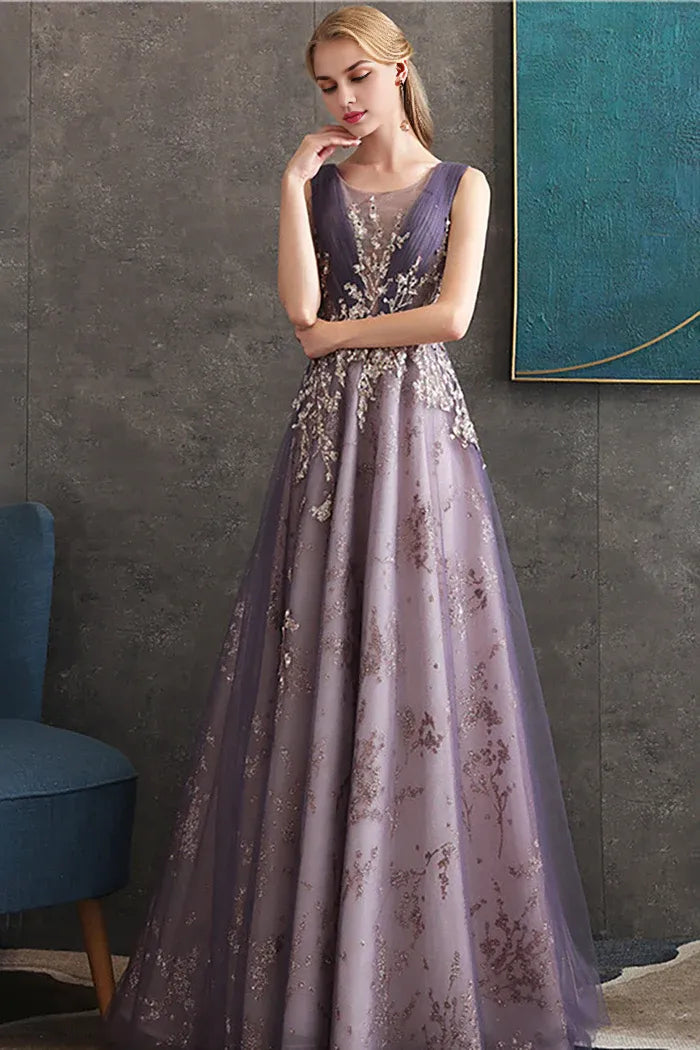 Robe longue violette Weitese, coupe trapèze, col rond, élégante, en tulle, sans manches, avec paillettes, robe de bal 