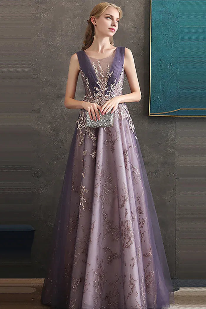 Robe longue violette Weitese, coupe trapèze, col rond, élégante, en tulle, sans manches, avec paillettes, robe de bal 