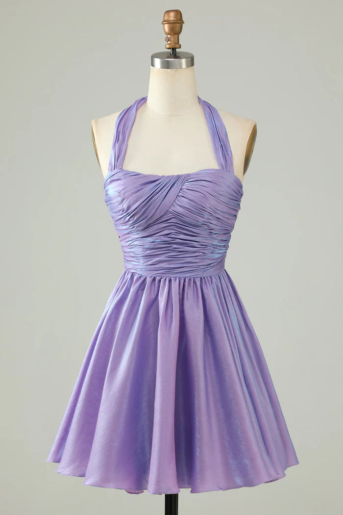 Weitese Dress Purple Halter Open Back Sleeveless A Line Short Homecoming Dress Sleeveless Party Dress