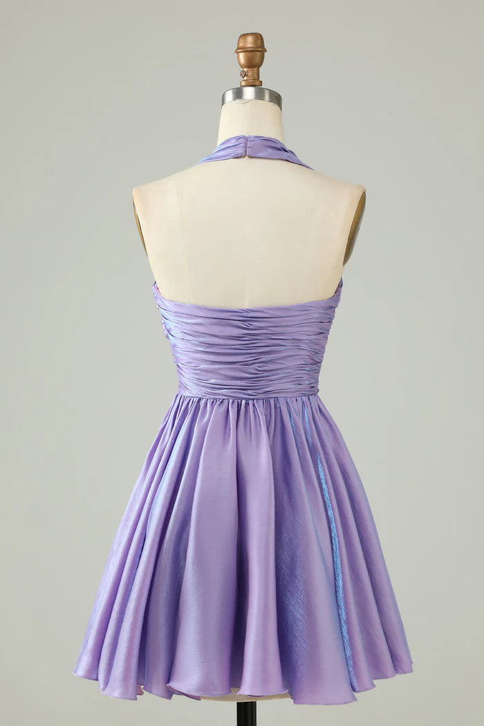 Weitese Dress Purple Halter Open Back Sleeveless A Line Short Homecoming Dress Sleeveless Party Dress