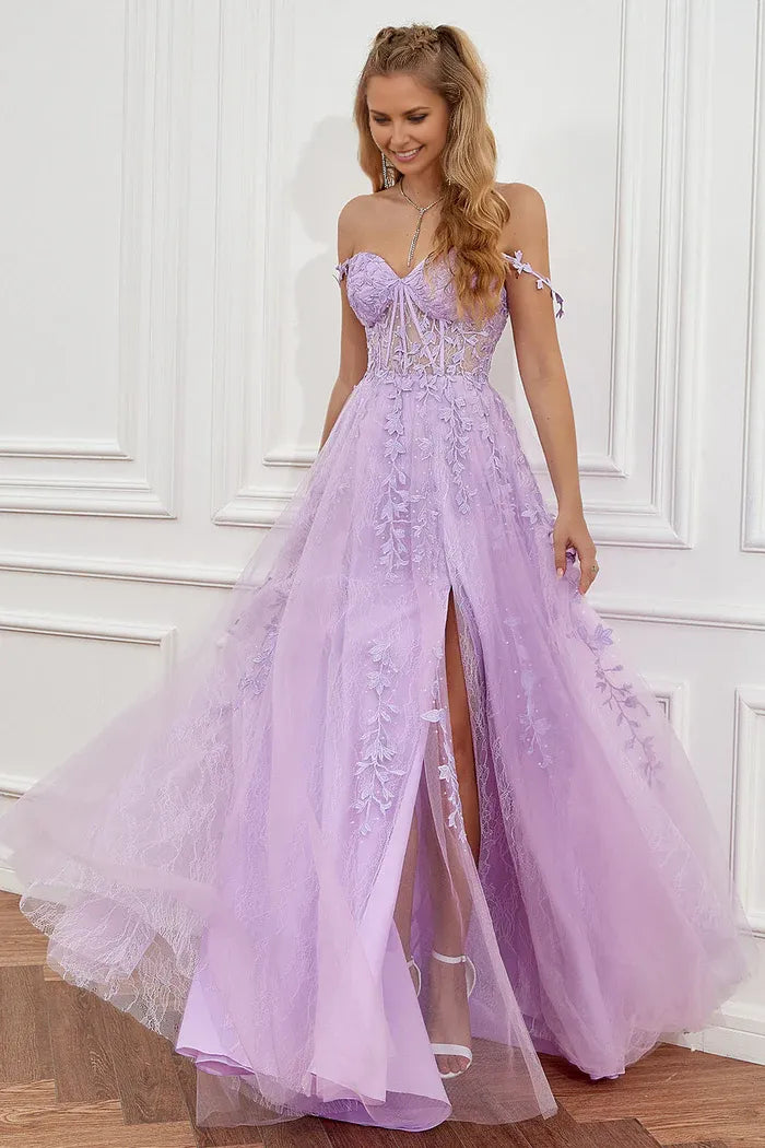 Weitese Dress Purple Off the Shoulder Long Party Dress With Appliques Prom Dress
