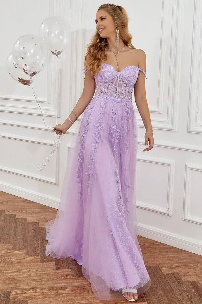 Weitese Dress Purple Off the Shoulder Long Party Dress With Appliques Prom Dress