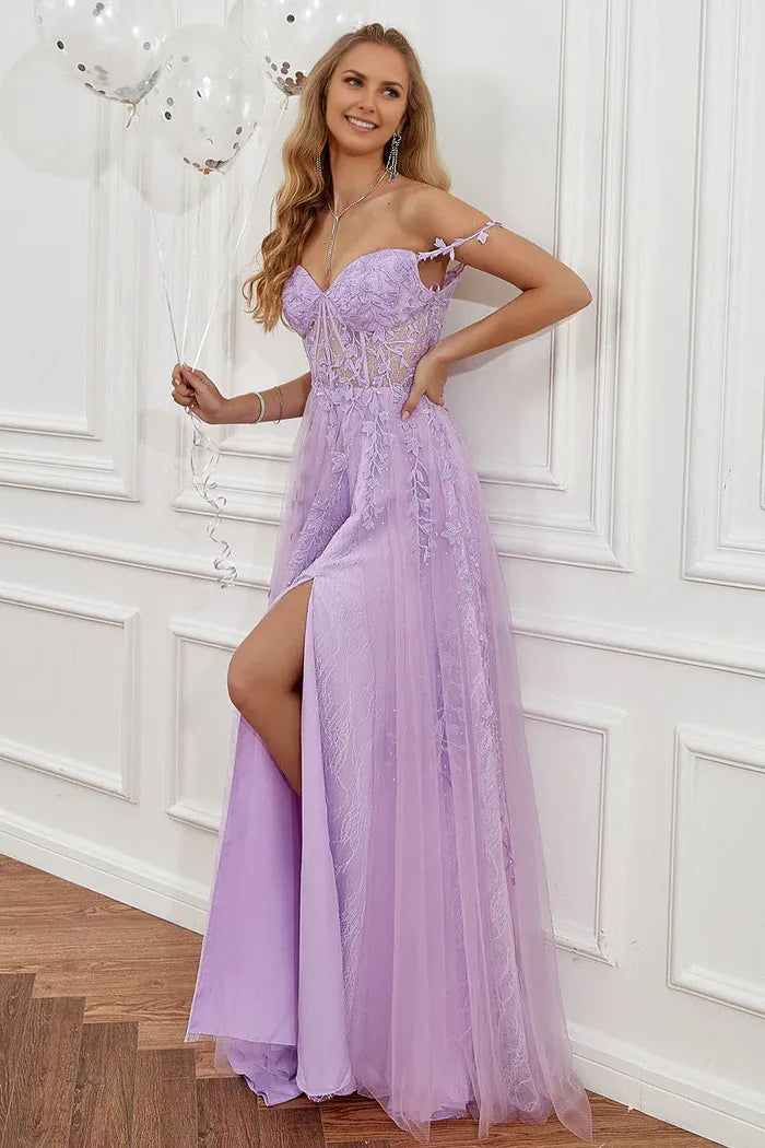 Weitese Dress Purple Off the Shoulder Long Party Dress With Appliques Prom Dress