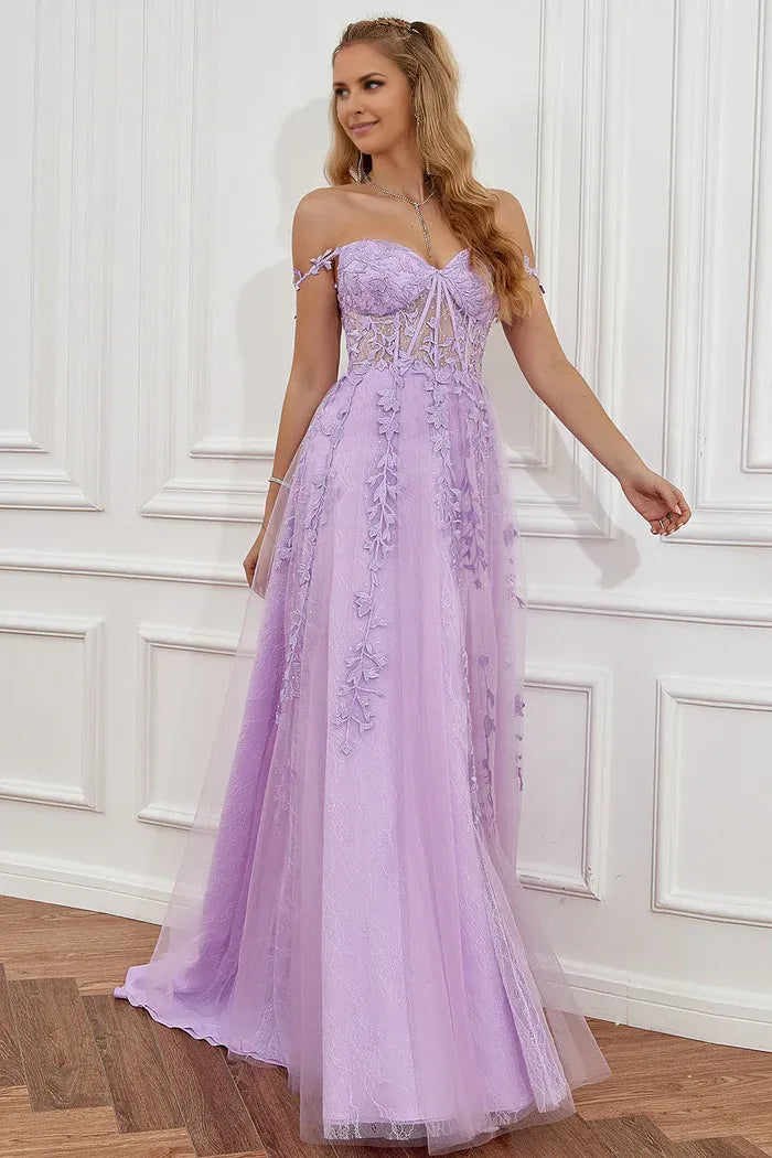 Weitese Dress Purple Off the Shoulder Long Party Dress With Appliques Prom Dress