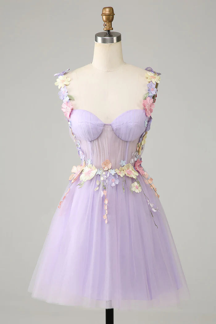 Weitese Dress Purple Spaghetti Straps Tulle Homecoming Dress Pleats Sleeveless 3D Flowers Party Dress