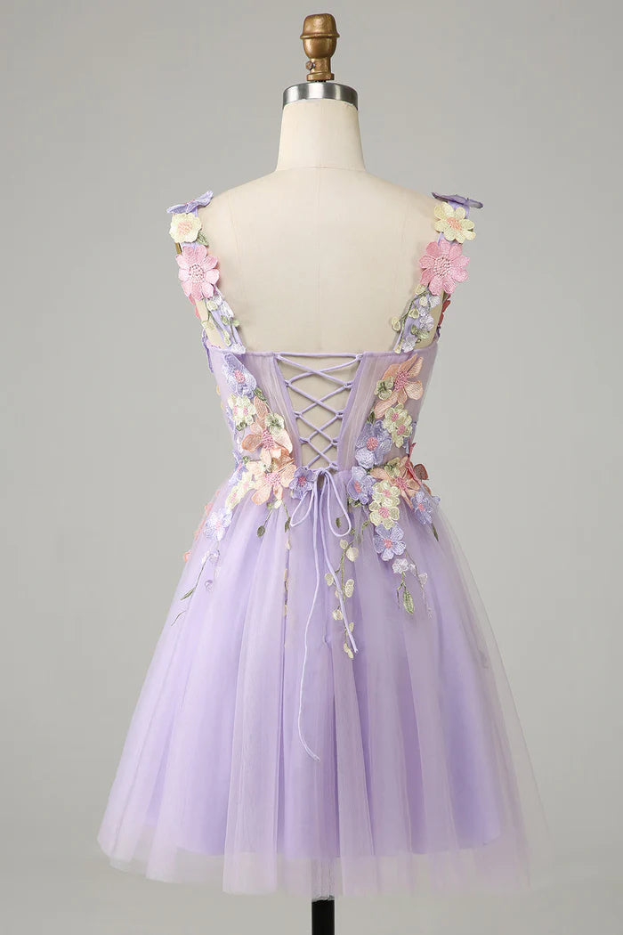 Weitese Dress Purple Spaghetti Straps Tulle Homecoming Dress Pleats Sleeveless 3D Flowers Party Dress