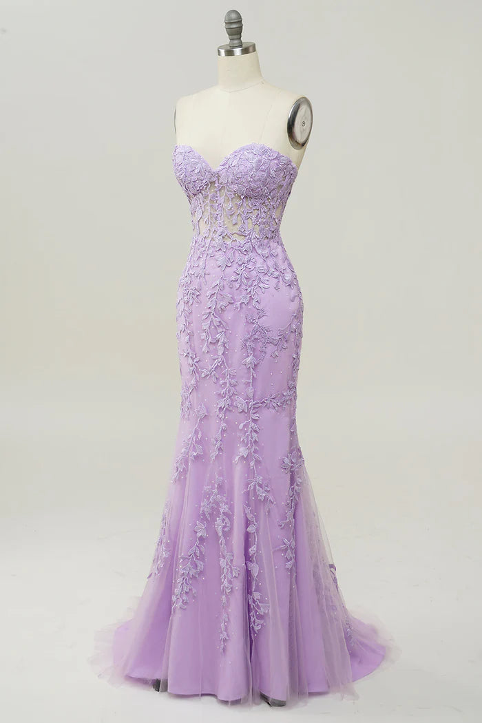 Weitese Dress Purple Sweetheart Neck Mermaid Party Dress With Appliques Prom Dress