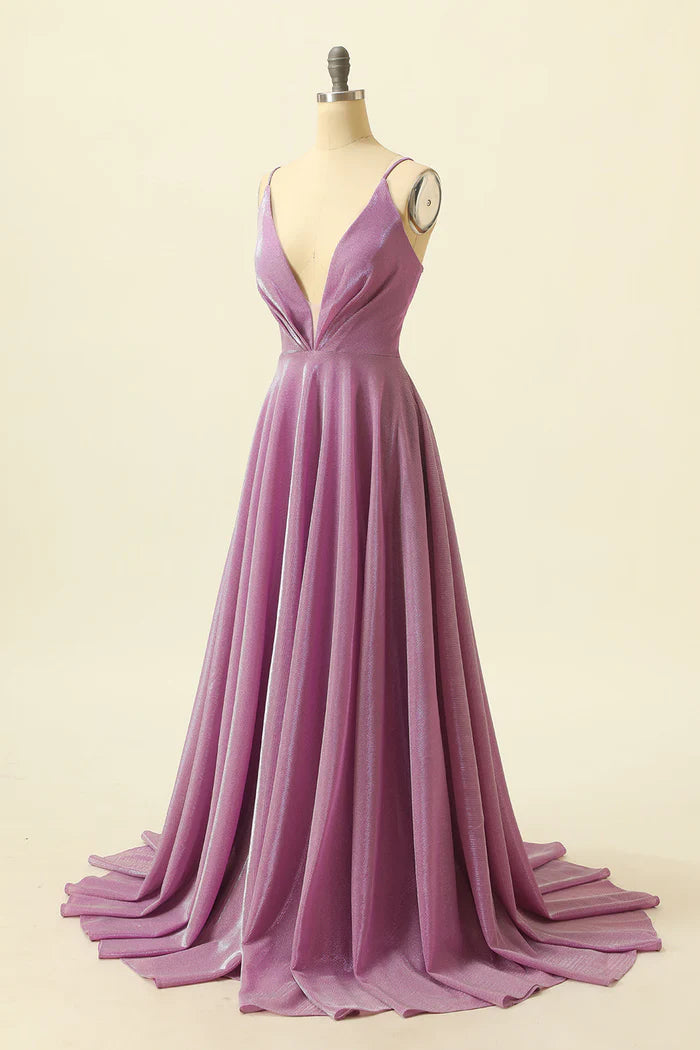 Robe longue violette à bretelles spaghetti et col en V, robe de bal, robe de soirée scintillante 