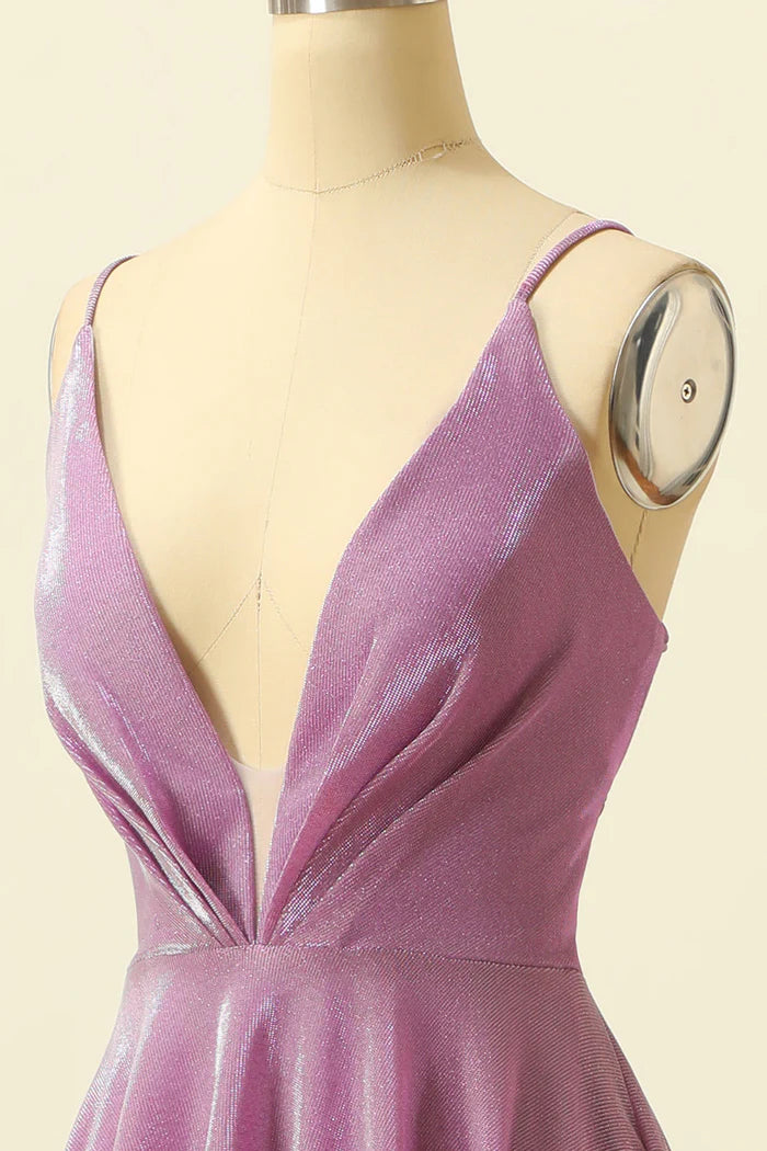 Robe longue violette à bretelles spaghetti et col en V, robe de bal, robe de soirée scintillante 