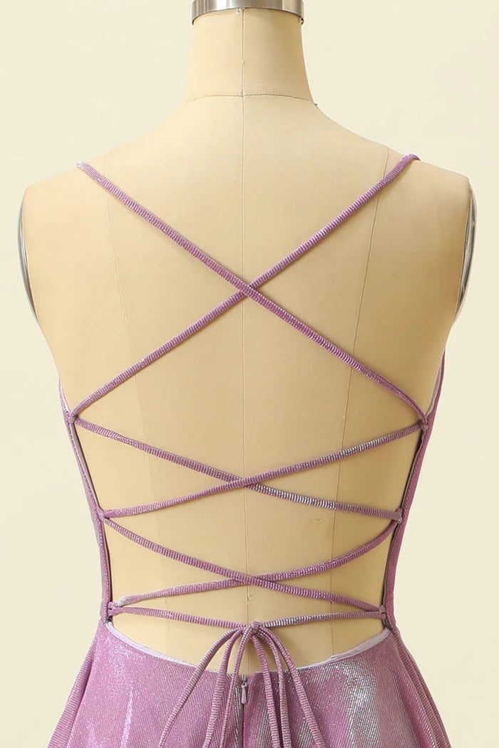 Robe longue violette à bretelles spaghetti et col en V, robe de bal, robe de soirée scintillante 