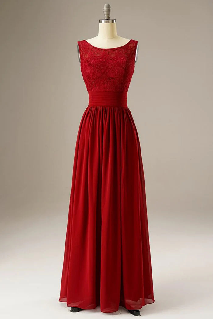 Weitese Dress Red A Line Lace Top Chiffon Sleeveless Scoop Maxi Dress Prom Dress With Zipper Up