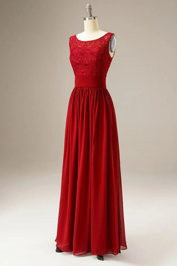 Weitese Dress Red A Line Lace Top Chiffon Sleeveless Scoop Maxi Dress Prom Dress With Zipper Up