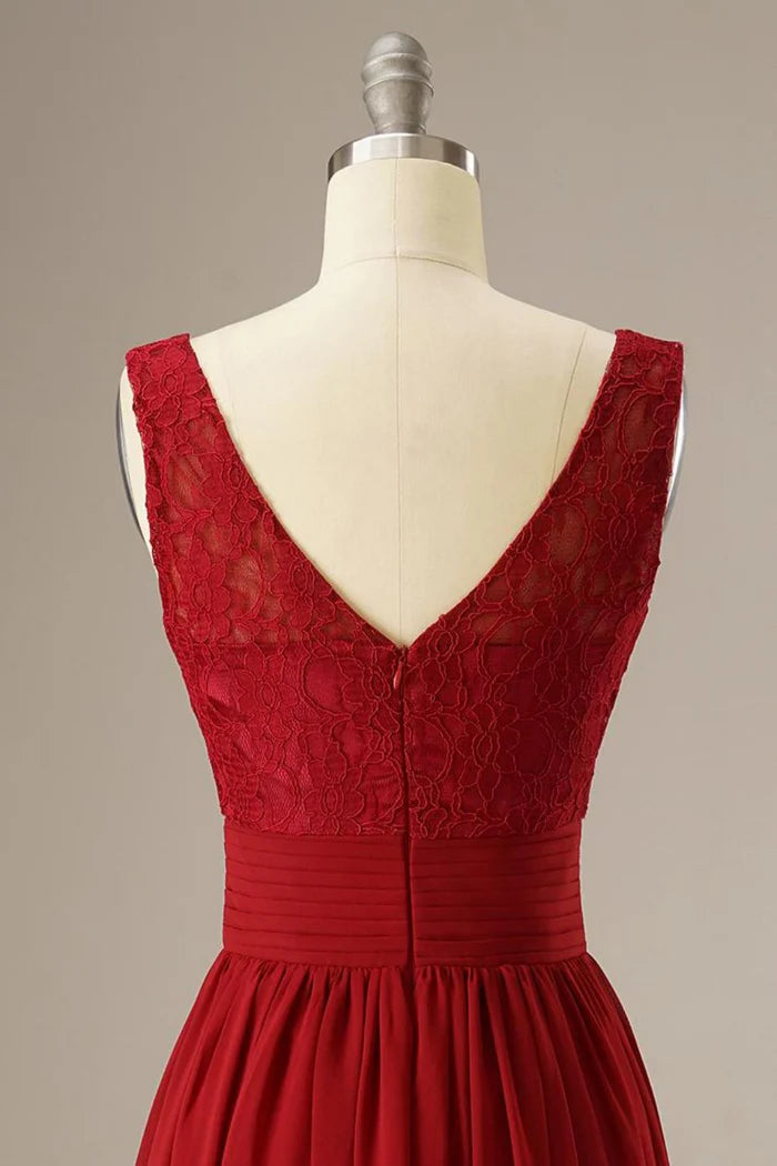 Weitese Dress Red A Line Lace Top Chiffon Sleeveless Scoop Maxi Dress Prom Dress With Zipper Up