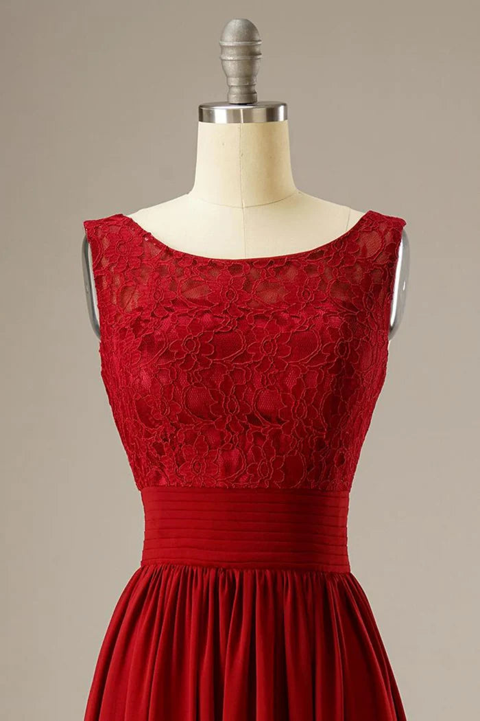 Weitese Dress Red A Line Lace Top Chiffon Sleeveless Scoop Maxi Dress Prom Dress With Zipper Up