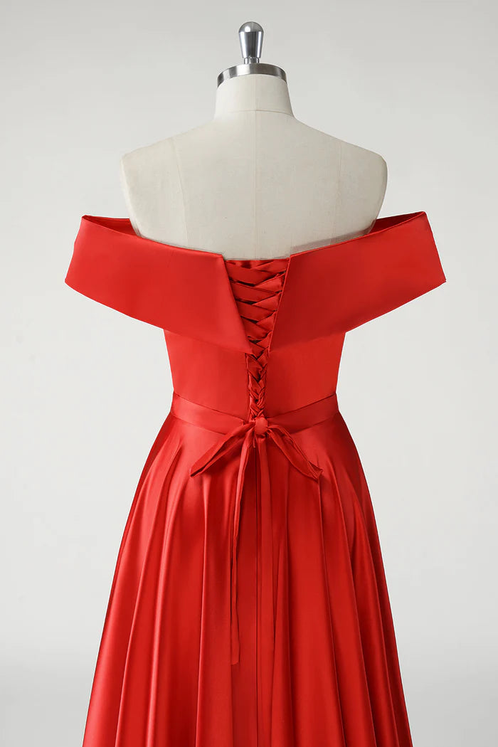 Vestido Weitese rojo de corte A con hombros descubiertos, fruncido, largo, vestido de fiesta con abertura, vestido de noche 