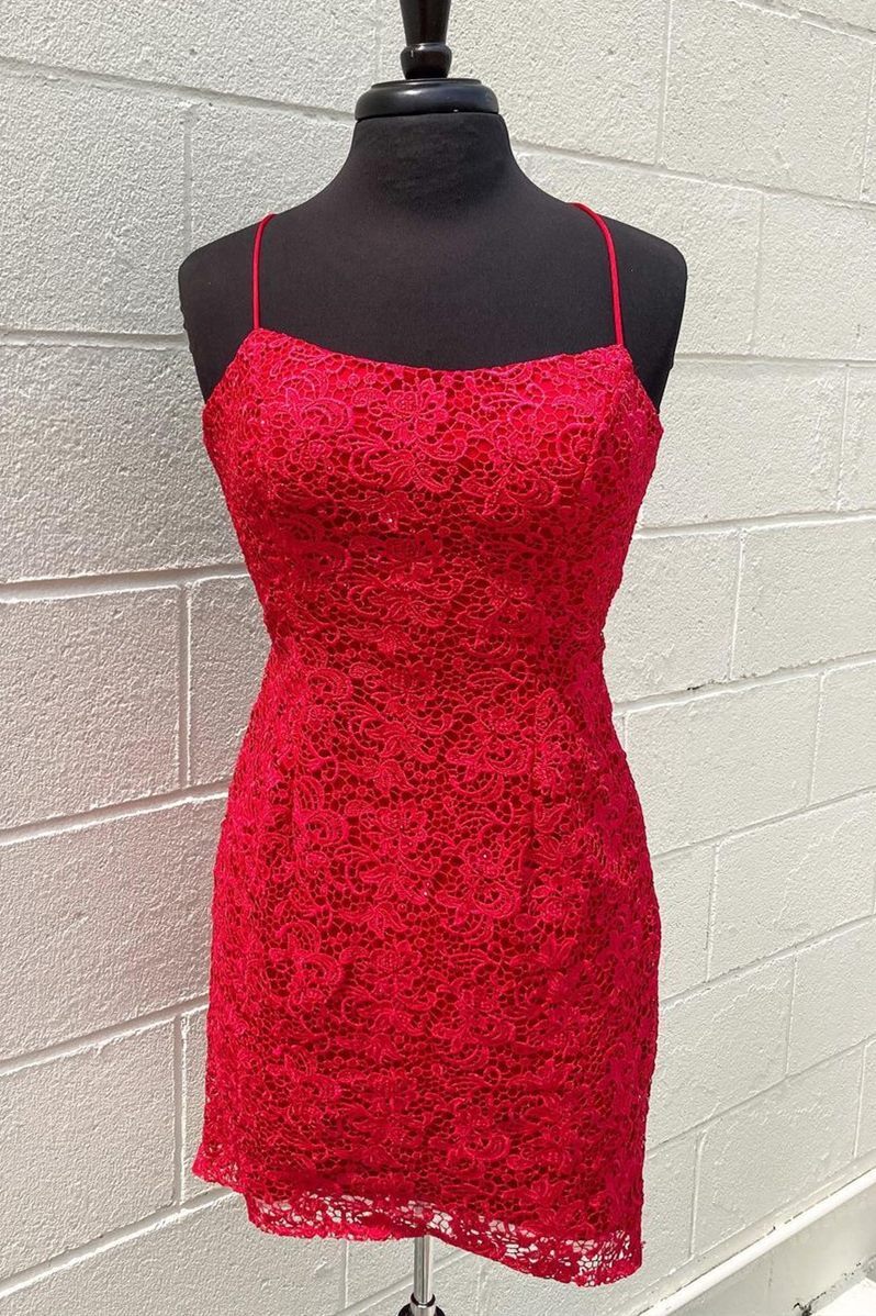 Weitese Dress Red Lace Bodycon Party Dress With Spaghetti Straps Homecoming Dress