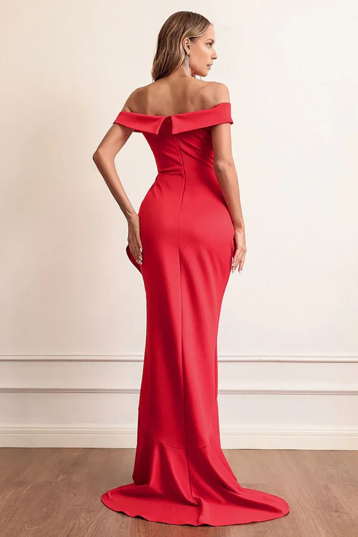 Weitese Dress Red Sheath Off The Shoulder Party Dress Sweep/Brush Train With Ruffles Prom Dress