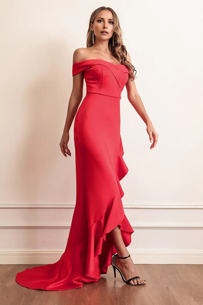 Weitese Dress Red Sheath Off The Shoulder Party Dress Sweep/Brush Train With Ruffles Prom Dress