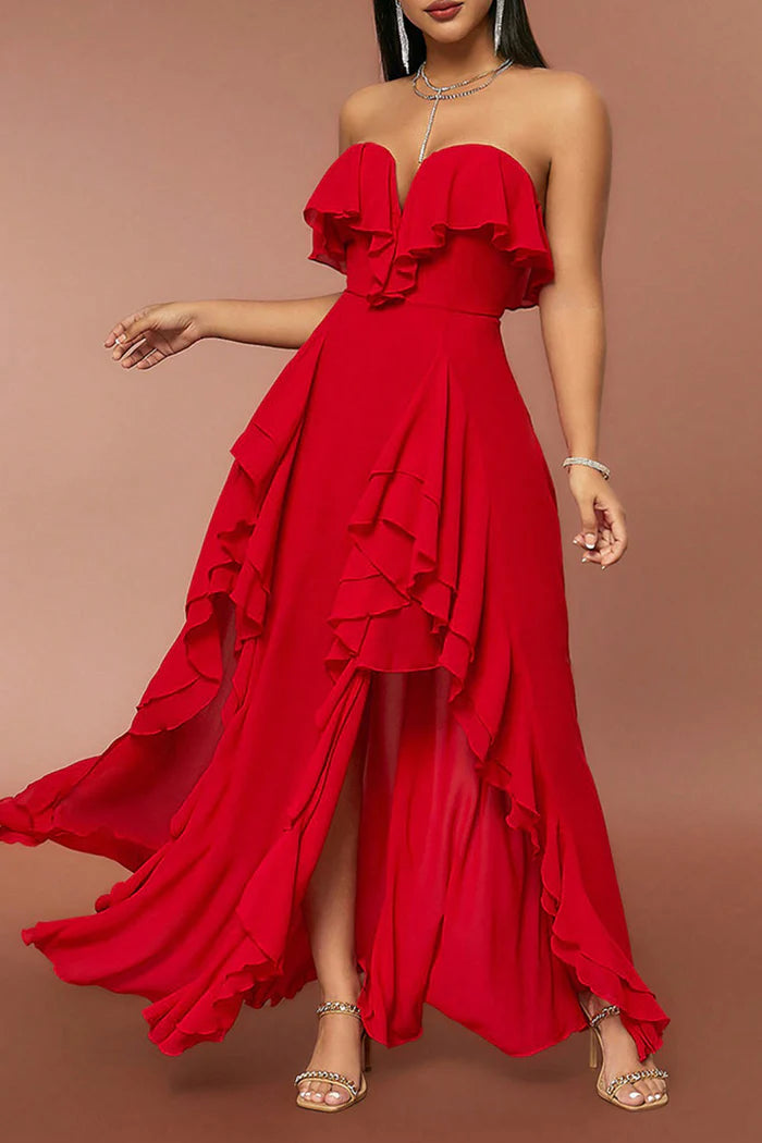 Vestido Weitese rojo sin tirantes, corte A, vestido de fiesta, vestido largo con volantes, vestido de fiesta 