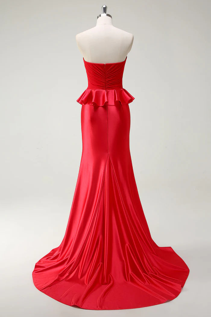 Weitese Dress Red Sweetheart Mermaid Ruffles Maxi Dress Prom Dress With Slit Evening Dress
