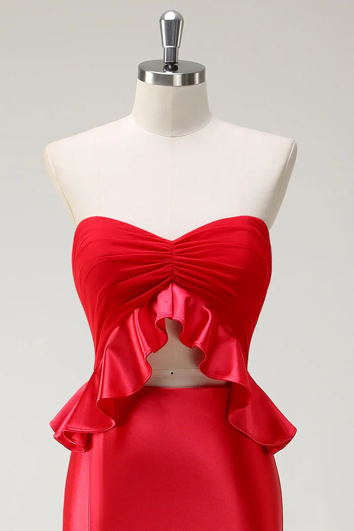 Weitese Dress Red Sweetheart Mermaid Ruffles Maxi Dress Prom Dress With Slit Evening Dress