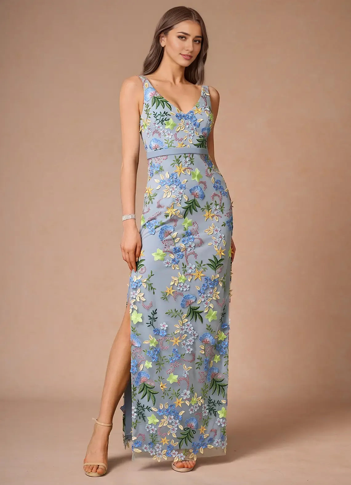 Weitese Dress Regular Straps V Neck Elegant Maxi Dress Prom Dress V Back Romantic Flower Mermaid Evening Dress