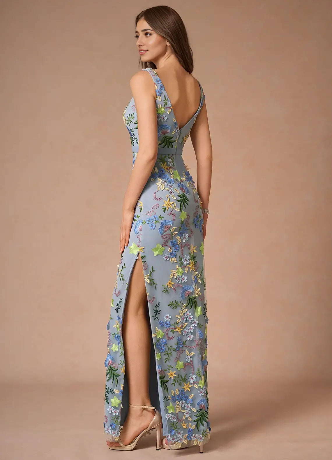 Weitese Dress Regular Straps V Neck Elegant Maxi Dress Prom Dress V Back Romantic Flower Mermaid Evening Dress