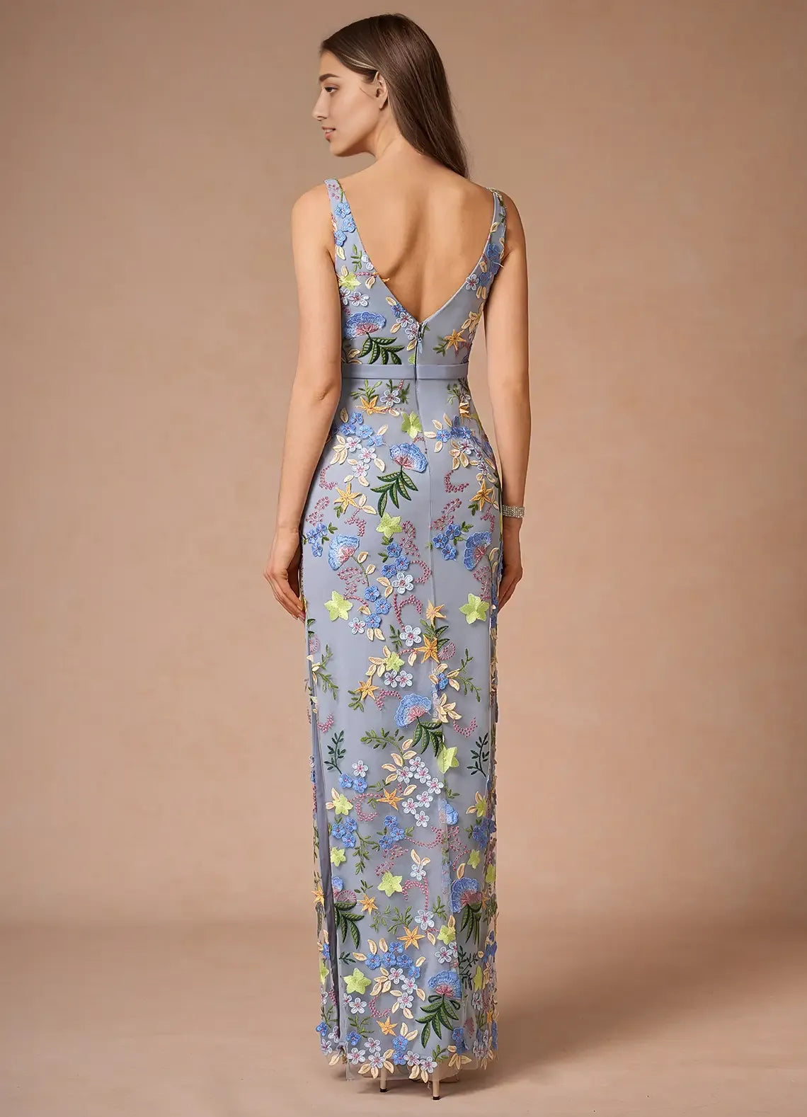 Weitese Dress Regular Straps V Neck Elegant Maxi Dress Prom Dress V Back Romantic Flower Mermaid Evening Dress