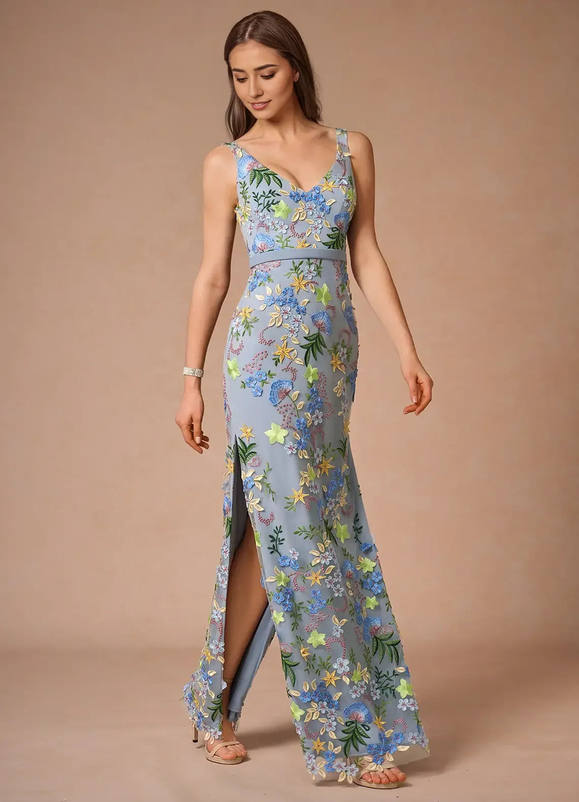 Weitese Dress Regular Straps V Neck Elegant Maxi Dress Prom Dress V Back Romantic Flower Mermaid Evening Dress