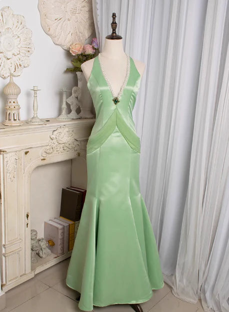 Weitese Dress Retro Light Green Water Drop Beaded Deep V Backless Mermaid Satin Prom Dress