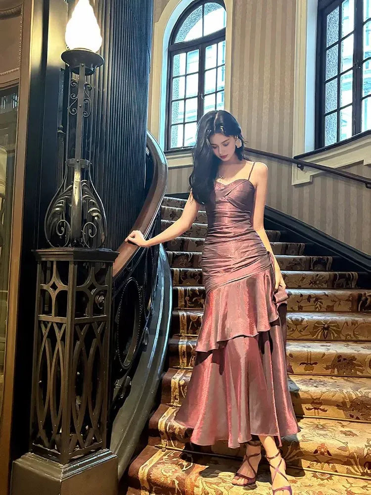 Weitese Dress Retro Mermaid Spaghetti Straps Gray Long Length Evening Dress Prom Dresses