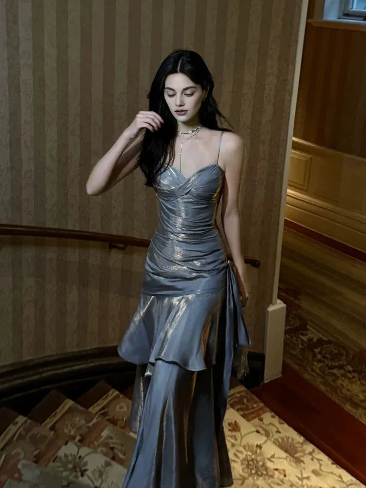 Weitese Dress Retro Mermaid Spaghetti Straps Gray Long Length Evening Dress Prom Dresses
