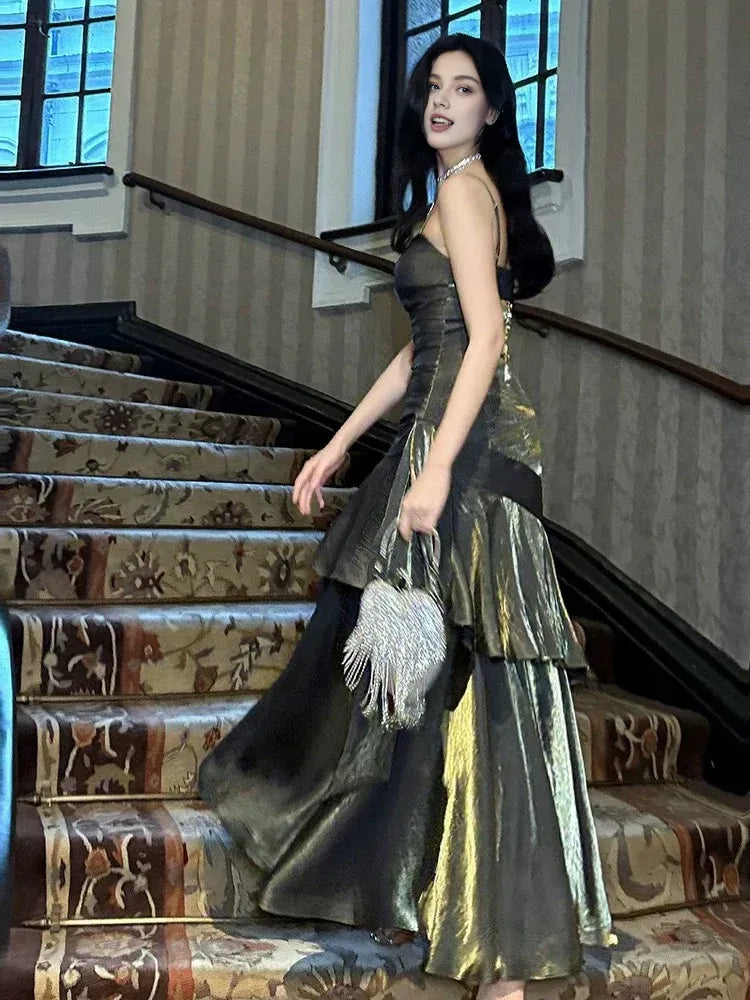 Weitese Dress Retro Mermaid Spaghetti Straps Gray Long Length Evening Dress Prom Dresses