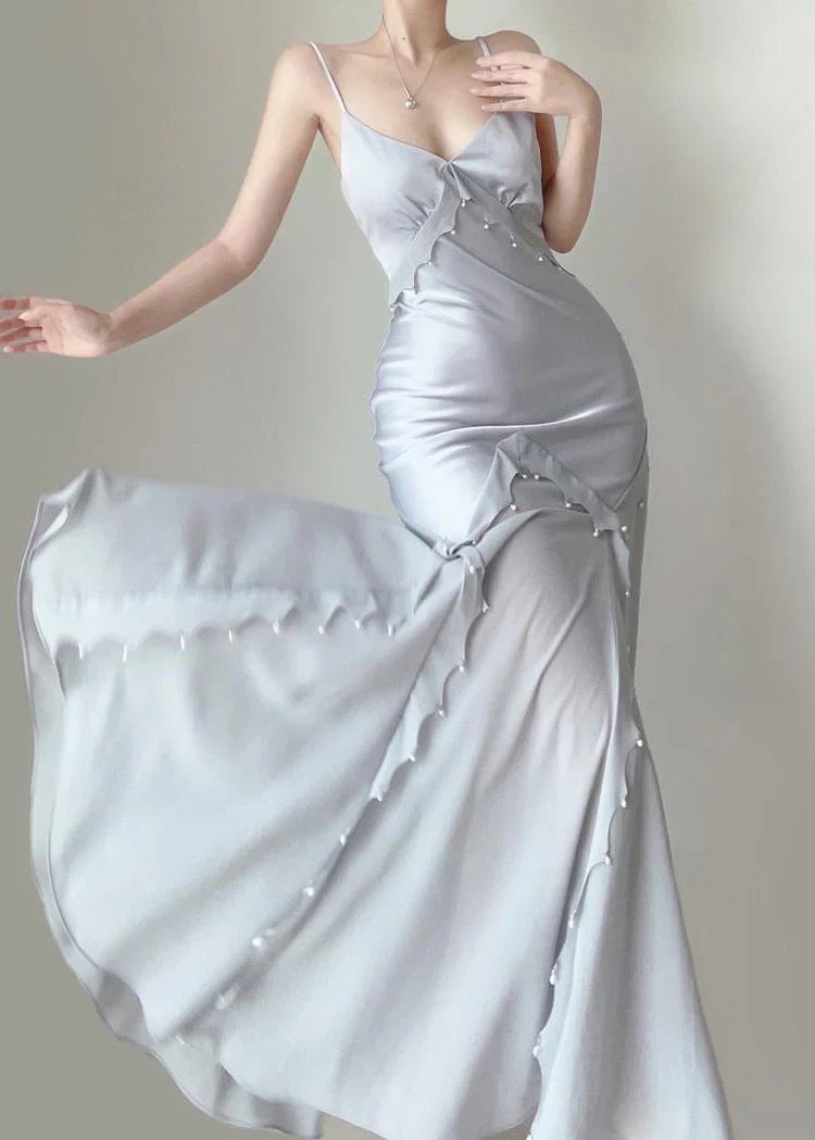 Robe Weitese rétro sirène bretelles spaghetti satin argent longue robe de bal robe de soirée 