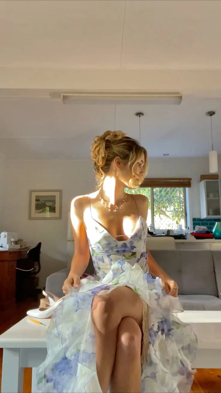 Weitese Dress Retro Sheath Spaghetti Straps Floral Blue Slit Chiffon Long Party Dress Prom Dresses