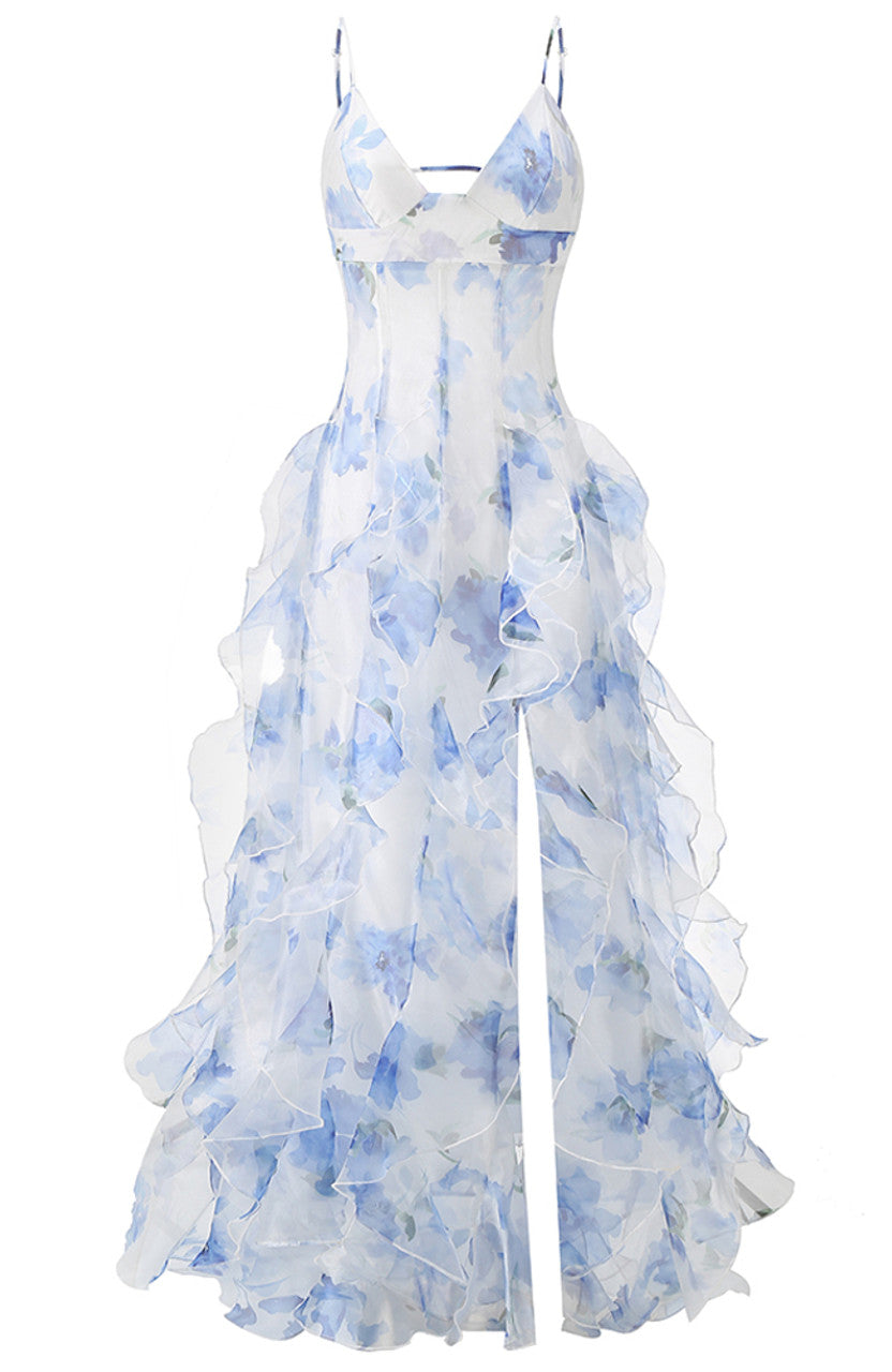 Weitese Dress Retro Sheath Spaghetti Straps Floral Blue Slit Chiffon Long Party Dress Prom Dresses