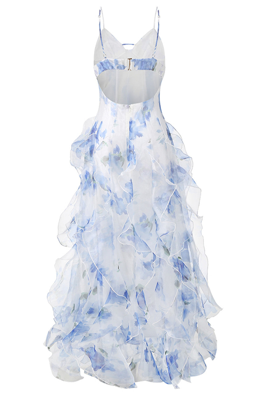 Weitese Dress Retro Sheath Spaghetti Straps Floral Blue Slit Chiffon Long Party Dress Prom Dresses