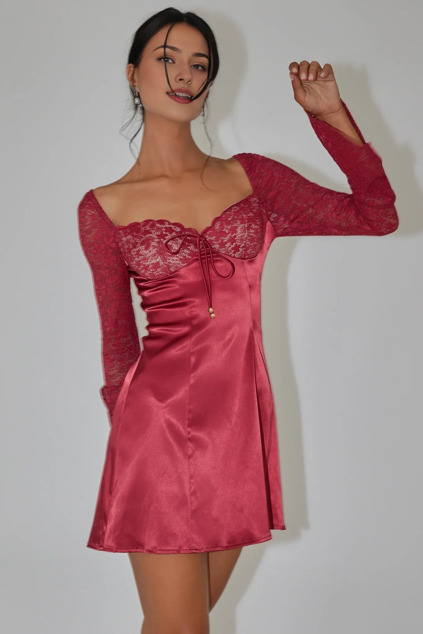 Weitese Dress Romantic Burgundy Satin Mini Dress Featuring Sweetheart Neck Lace Sleeves And Bow Tie Front Homecoming Dress