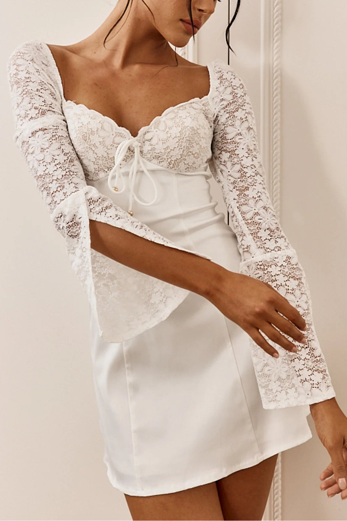 Weitese Dress Romantic Burgundy Satin Mini Dress Featuring Sweetheart Neck Lace Sleeves And Bow Tie Front Homecoming Dress