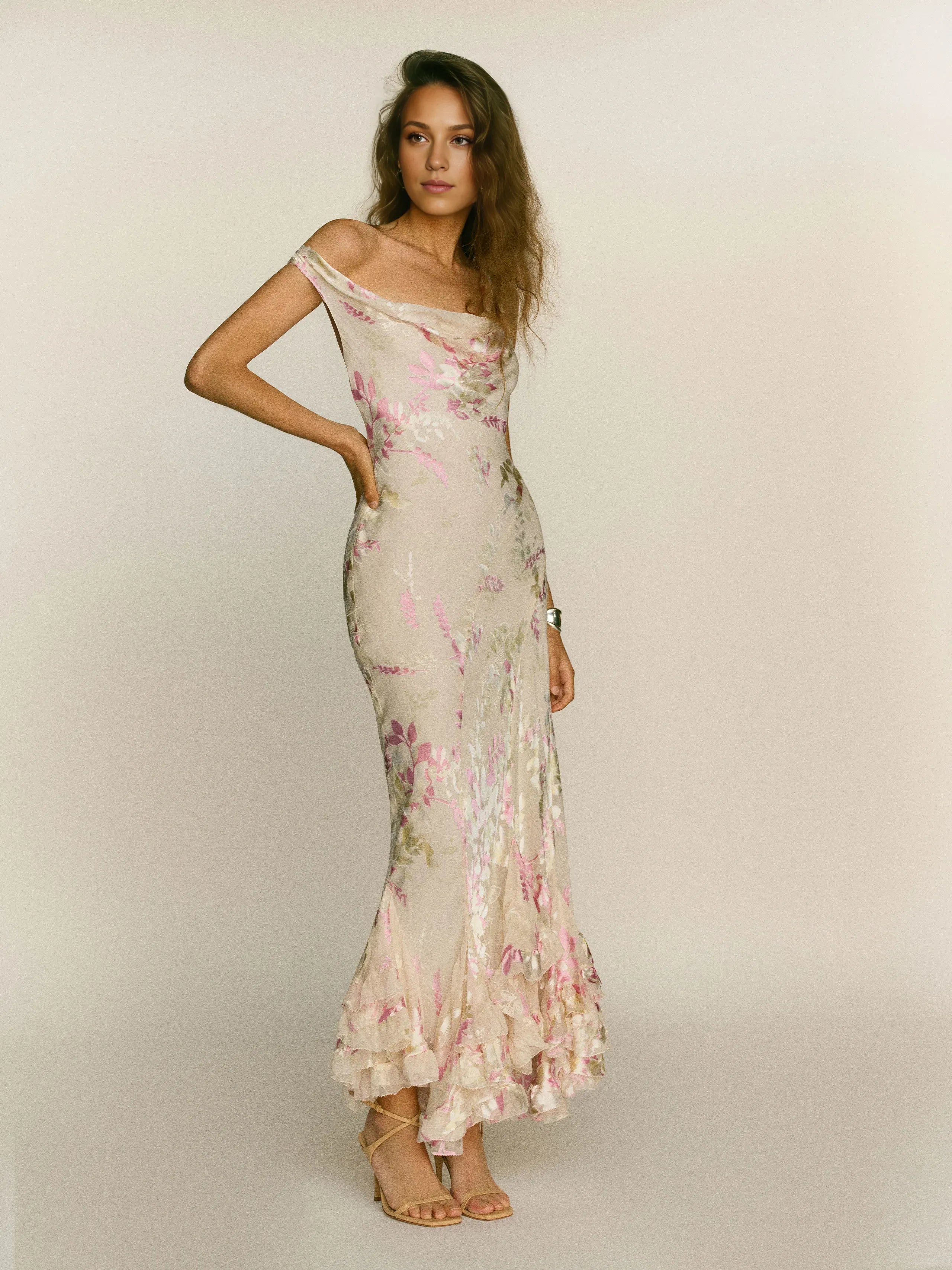 Weitese Dress Romantic Flower Printed Scoop Neck Sleeveless Mermaid Prom Dress Maxi Dress Backless Evening Dress