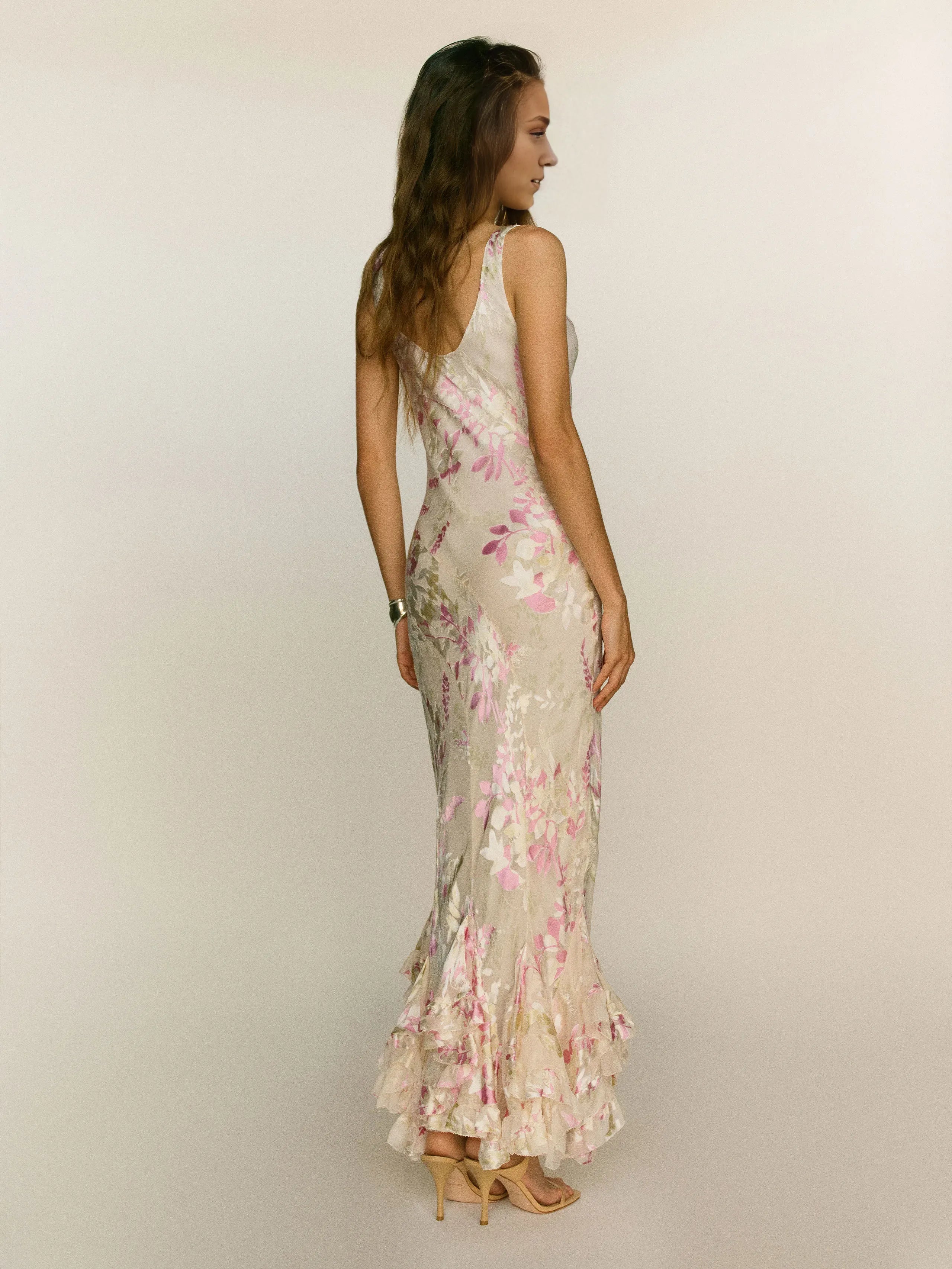 Weitese Dress Romantic Flower Printed Scoop Neck Sleeveless Mermaid Prom Dress Maxi Dress Backless Evening Dress