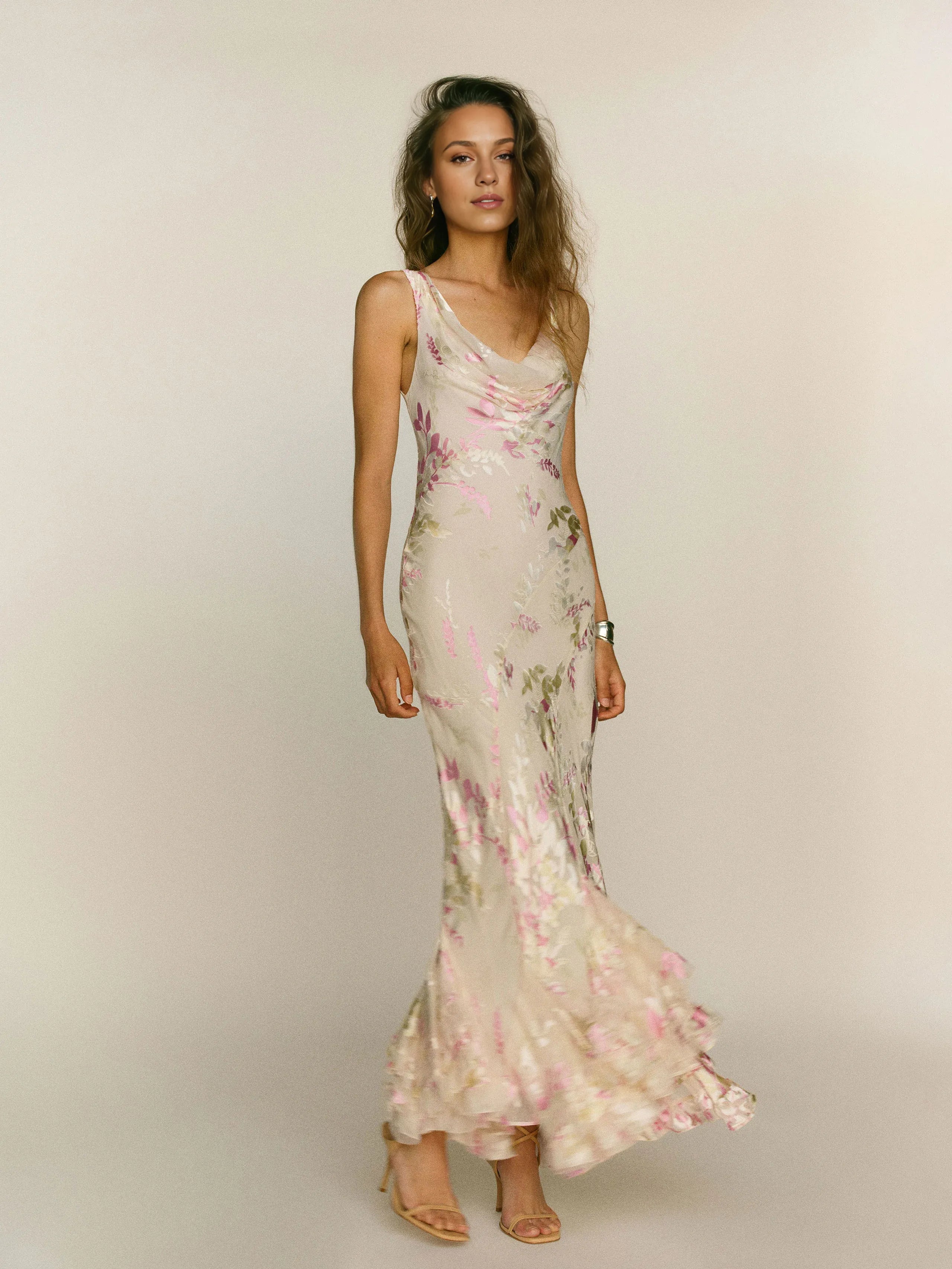 Weitese Dress Romantic Flower Printed Scoop Neck Sleeveless Mermaid Prom Dress Maxi Dress Backless Evening Dress