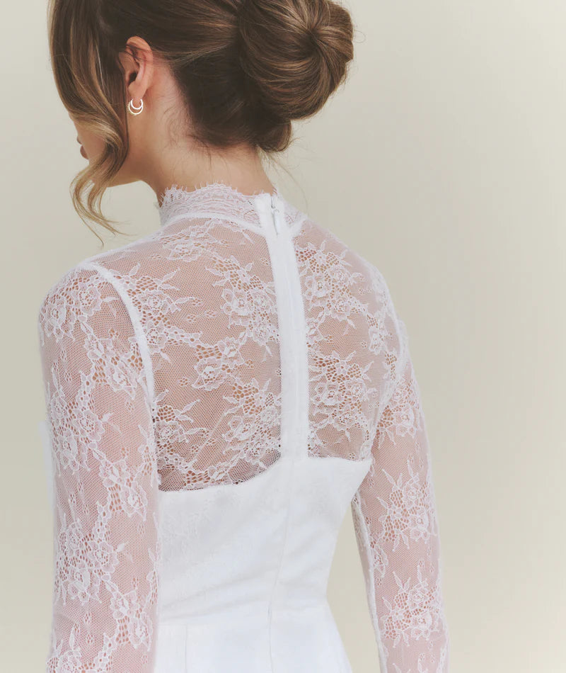 Weitese Dress Romantic Lace Long Sleeve Detail Mini Dress White A-Line High Neck Short Homecoming Dress