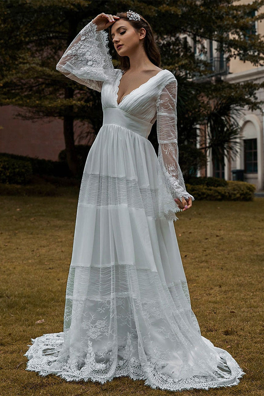 Weitese Dress Romantic Long Sleeves Deep V Neck Lace Boho Wedding Dress A-line V Back Bride Dress