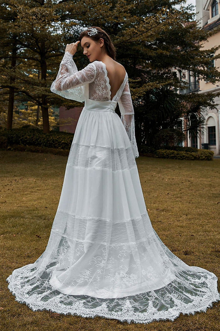 Weitese Dress Romantic Long Sleeves Deep V Neck Lace Boho Wedding Dress A-line V Back Bride Dress