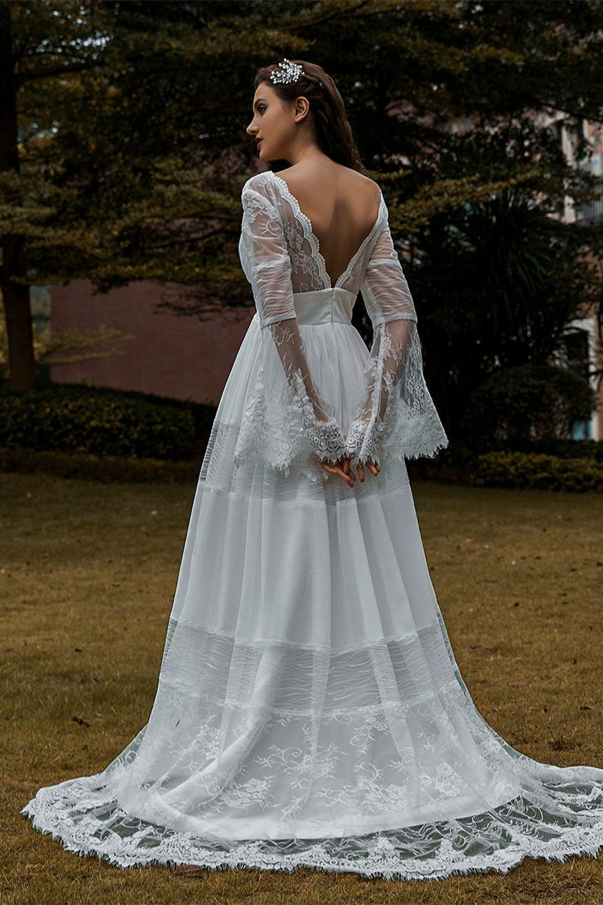 Weitese Dress Romantic Long Sleeves Deep V Neck Lace Boho Wedding Dress A-line V Back Bride Dress