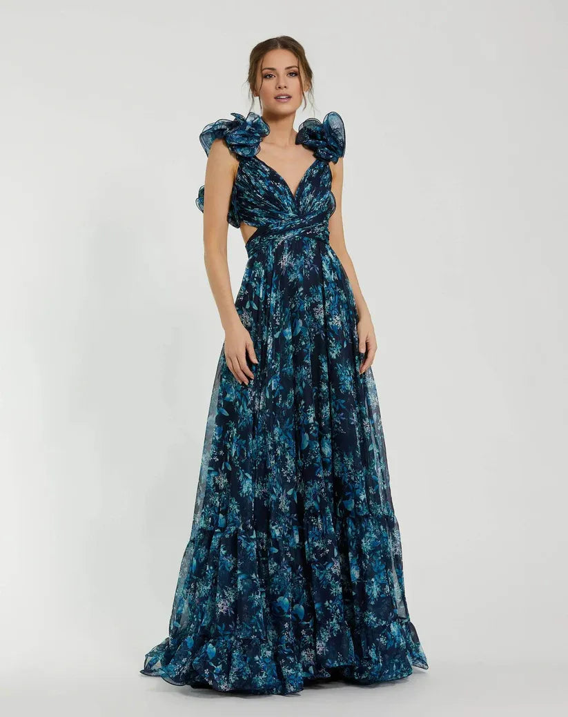 Weitese Dress Romantic Navy Tiered Floral Cut-Out Chiffon Gown Evening Dress A-Line Sleeveless Lace-up Back Prom Dress