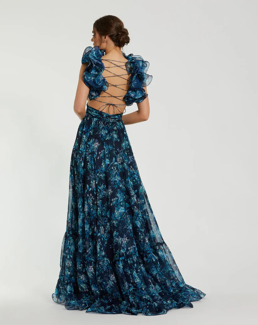 Weitese Dress Romantic Navy Tiered Floral Cut-Out Chiffon Gown Evening Dress A-Line Sleeveless Lace-up Back Prom Dress