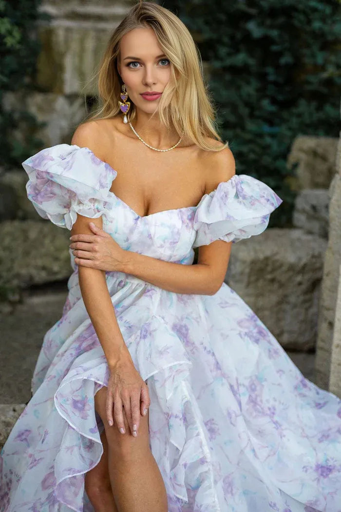 Robe de bal romantique à manches bouffantes et volants superposés en organza floral 