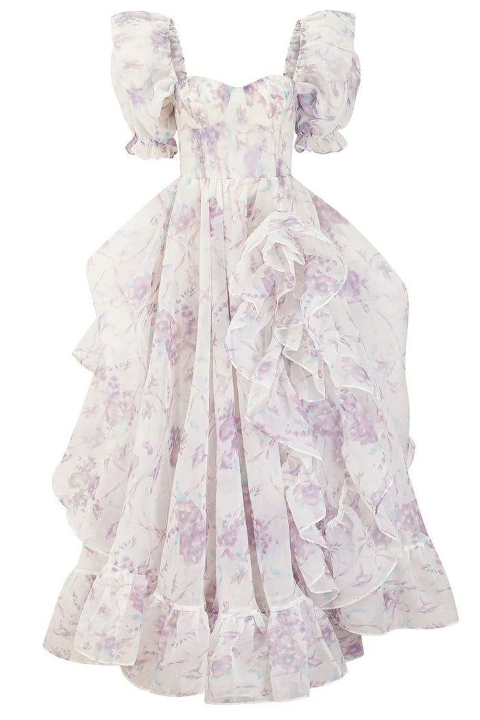 Robe de bal romantique à manches bouffantes et volants superposés en organza floral 